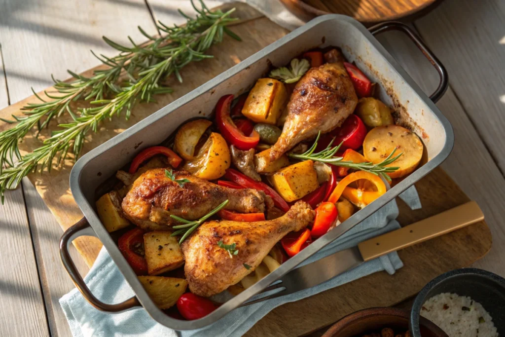 A serving of naturally delicious one pan roasted chicken and vegetables.