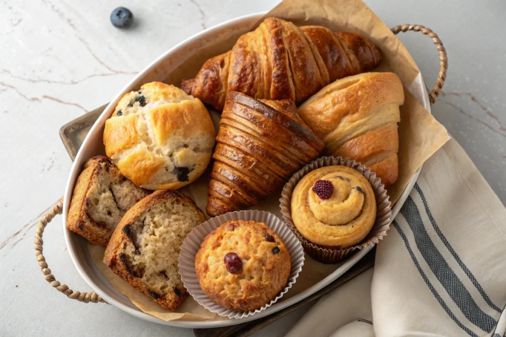 A variety of naturally delicious breakfast pastries on a platter.