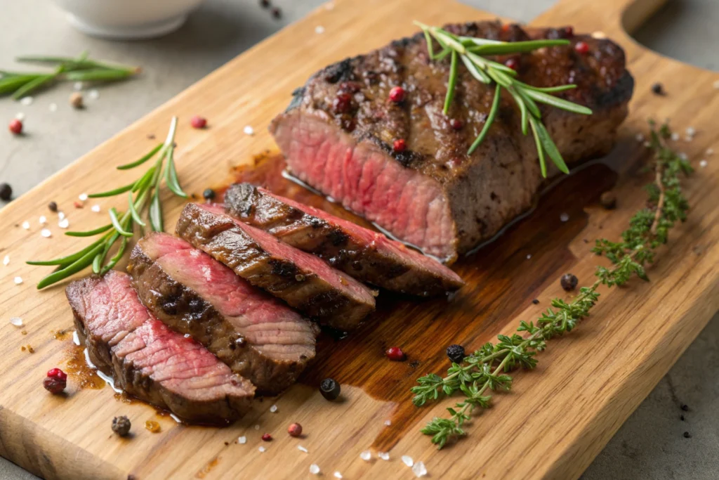 Sliced sirloin steak on a wooden board, with sides