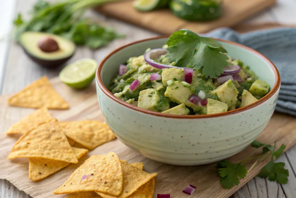 Tortilla chips and guacamole dip on a serving platter