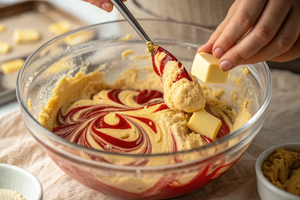 Cookie dough with butter ready for chilling.