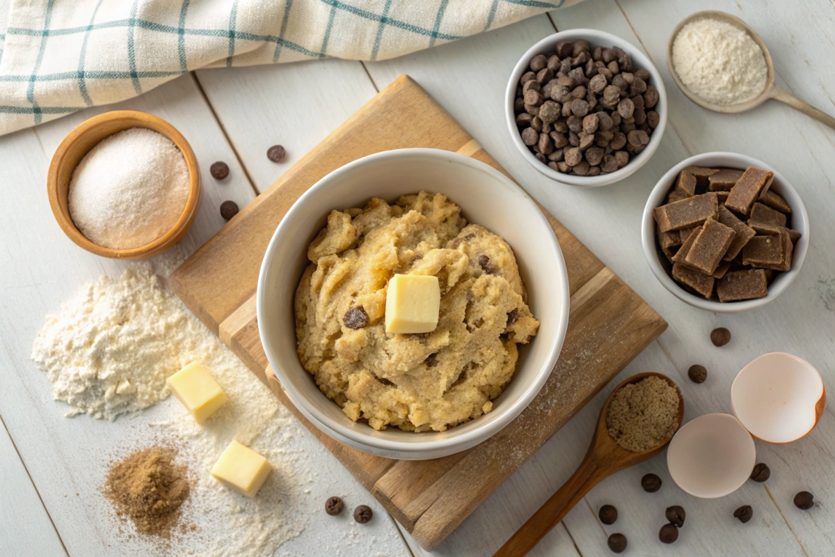 Softened butter being creamed into cookie dough.