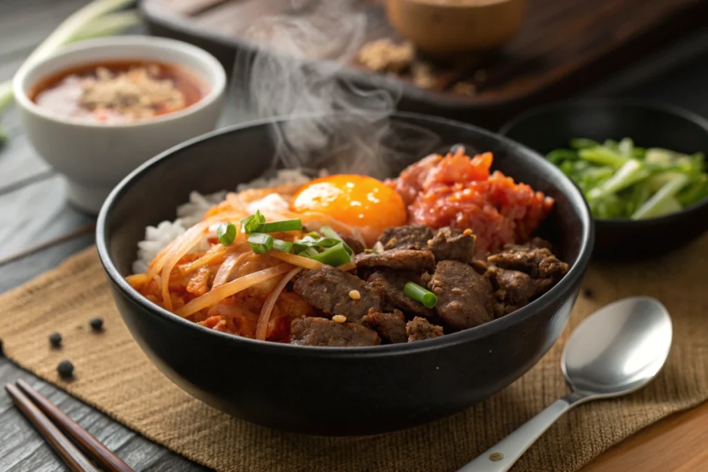 Korean beef bowls with kimchi with varied toppings.