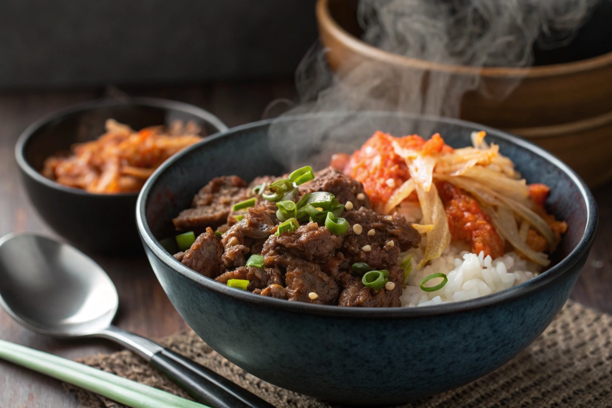 Close-up of Korean beef and kimchi in a bowl.