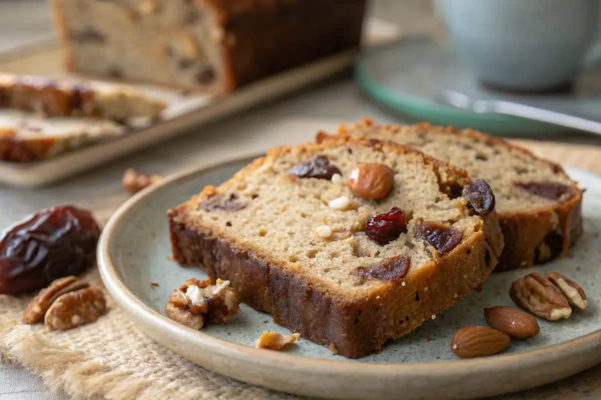 Freshly baked date nut bread on a wooden board.