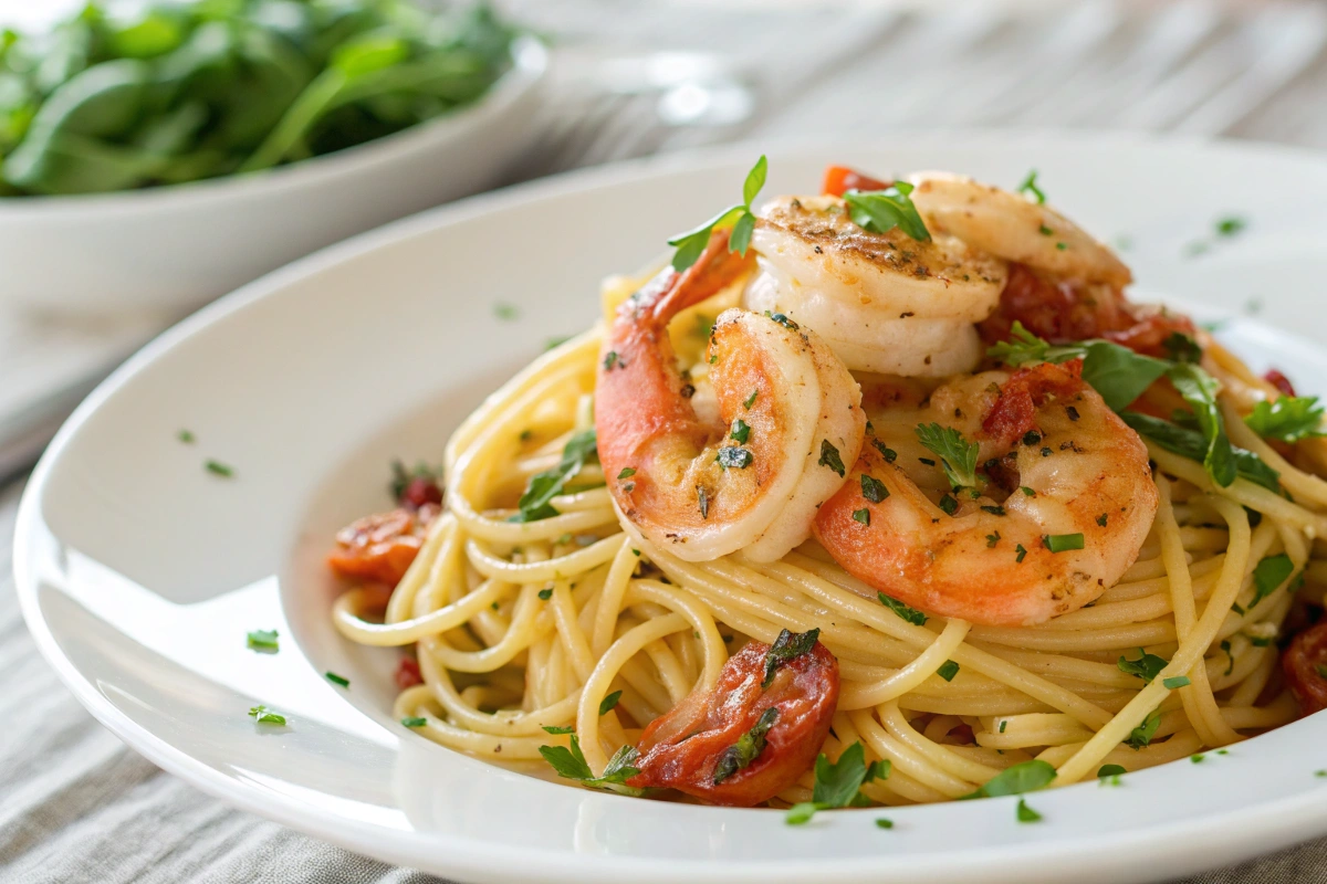 S Delicious shrimp spaghetti recipe on a plate