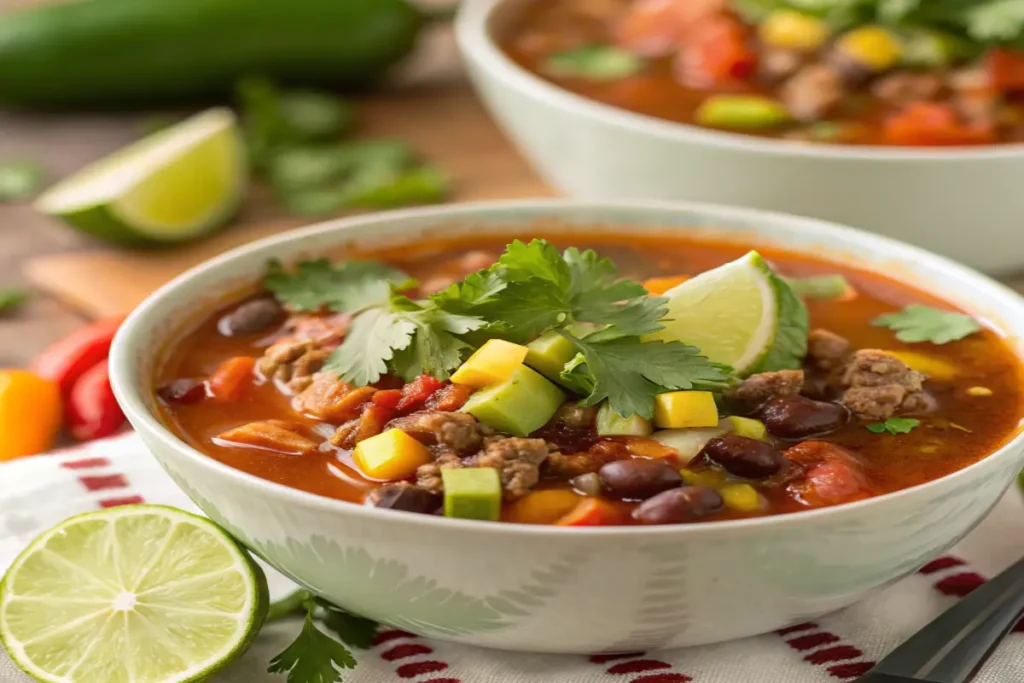 Chilled taco soup frios in a glass bowl.