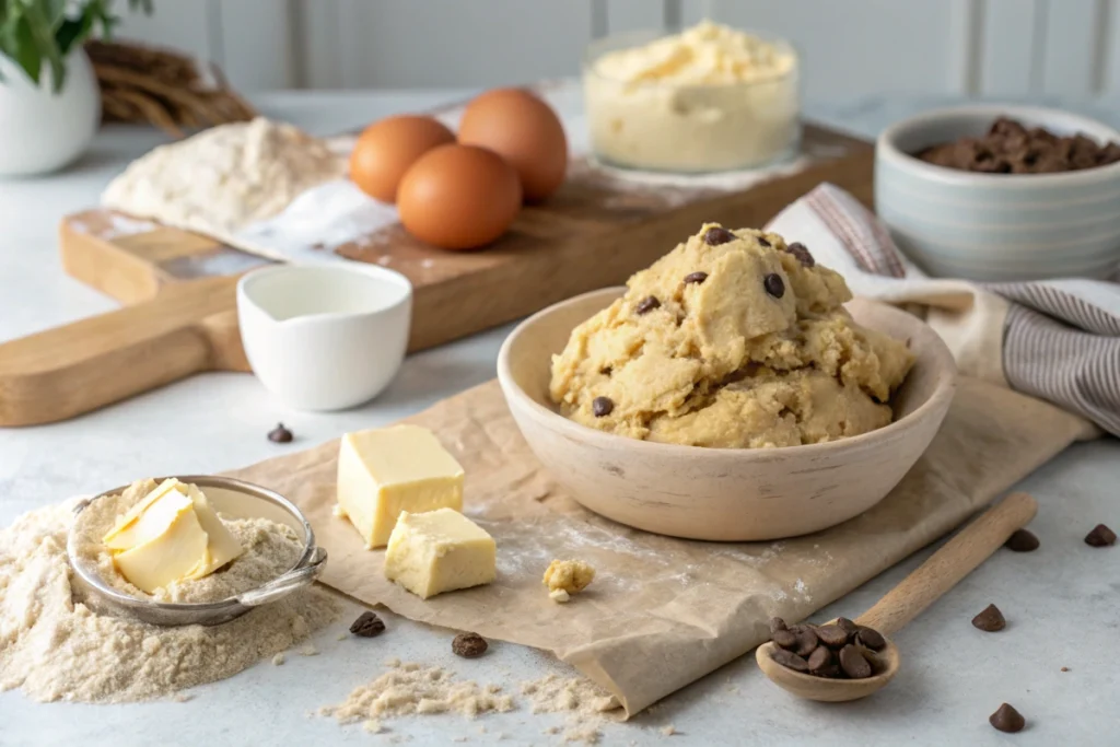 Ball of cookie dough with butter on parchment paper.