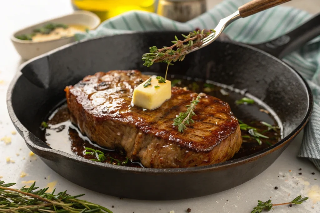 Pan-seared sirloin steak with garlic and herbs.