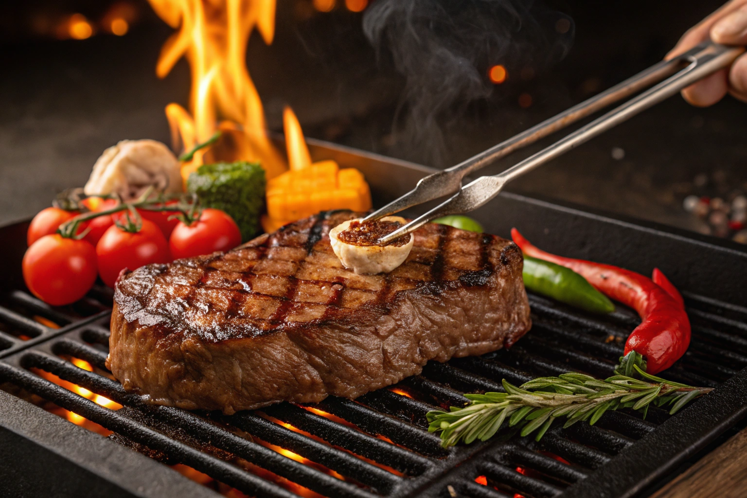 Grilled sirloin steak with visible grill marks.