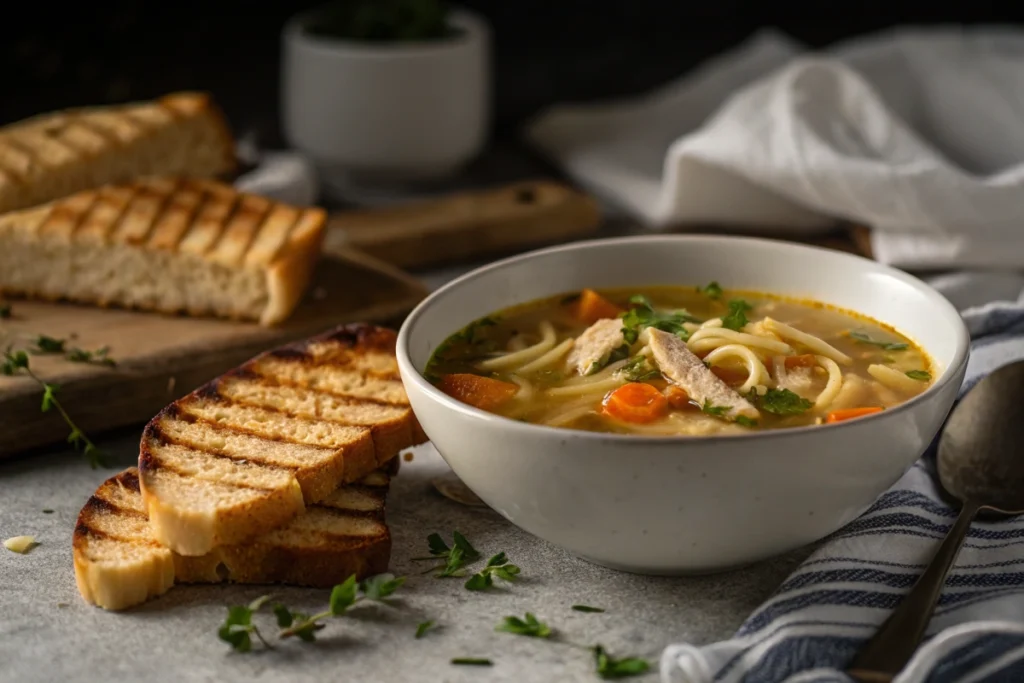 Close-up of chicken noodle soup and bread with visible steam.