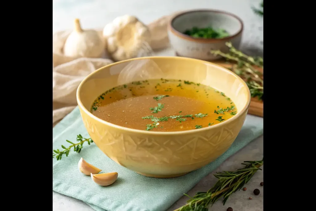 Bowl of fresh and nourishing chicken bone broth.