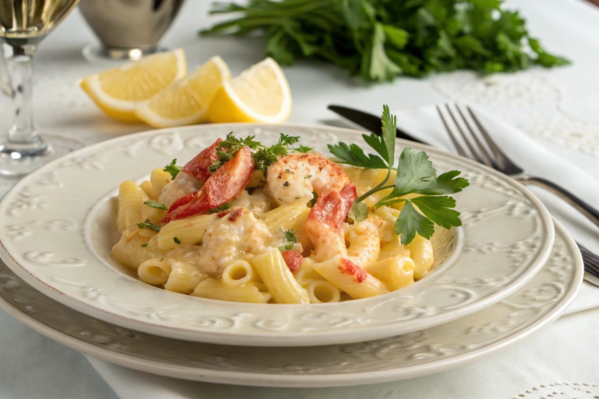 obster mac and cheese in a baking dish