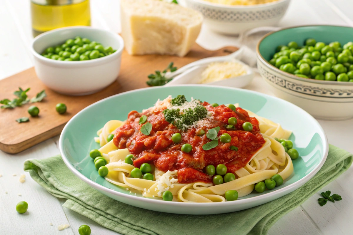 Bowl of pasta and peas in red sauce.