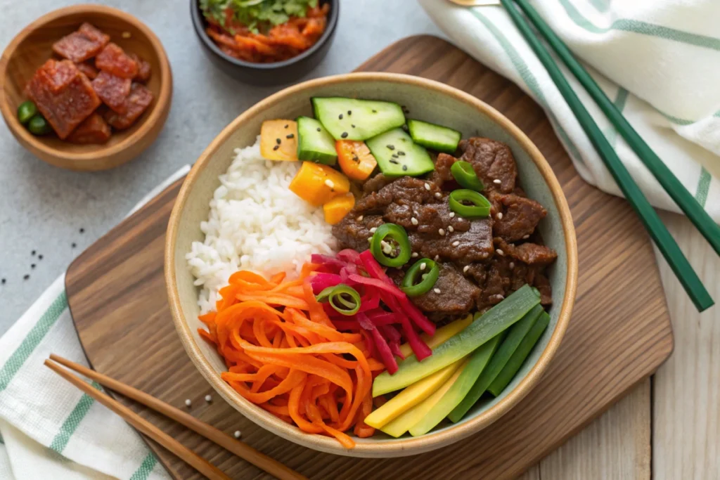 A vibrant Korean beef bowl with kimchi on a wooden table.