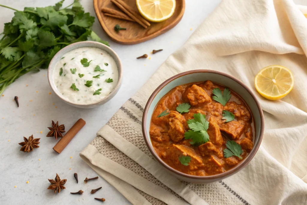 Easy chicken tikka masala with rice and naan bread.