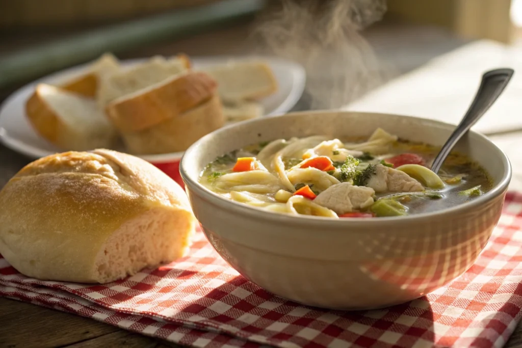 Chicken noodle soup and bread with a rustic background.