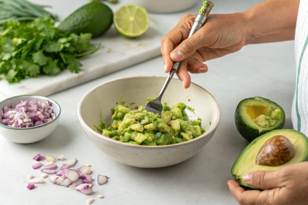 Ingredients for guacamole on a kitchen counter.