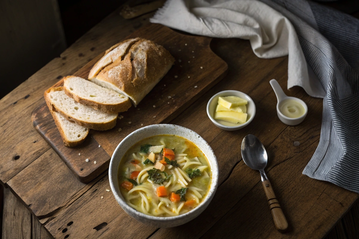 Overhead view of chicken noodle soup and bread on a table.