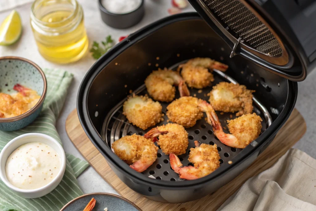 Air fried frozen coconut shrimp in a basket