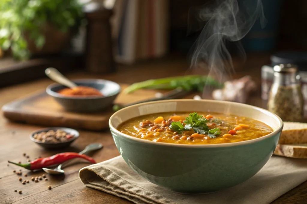 Naturally Vegan Lentil Soup with Various Toppings