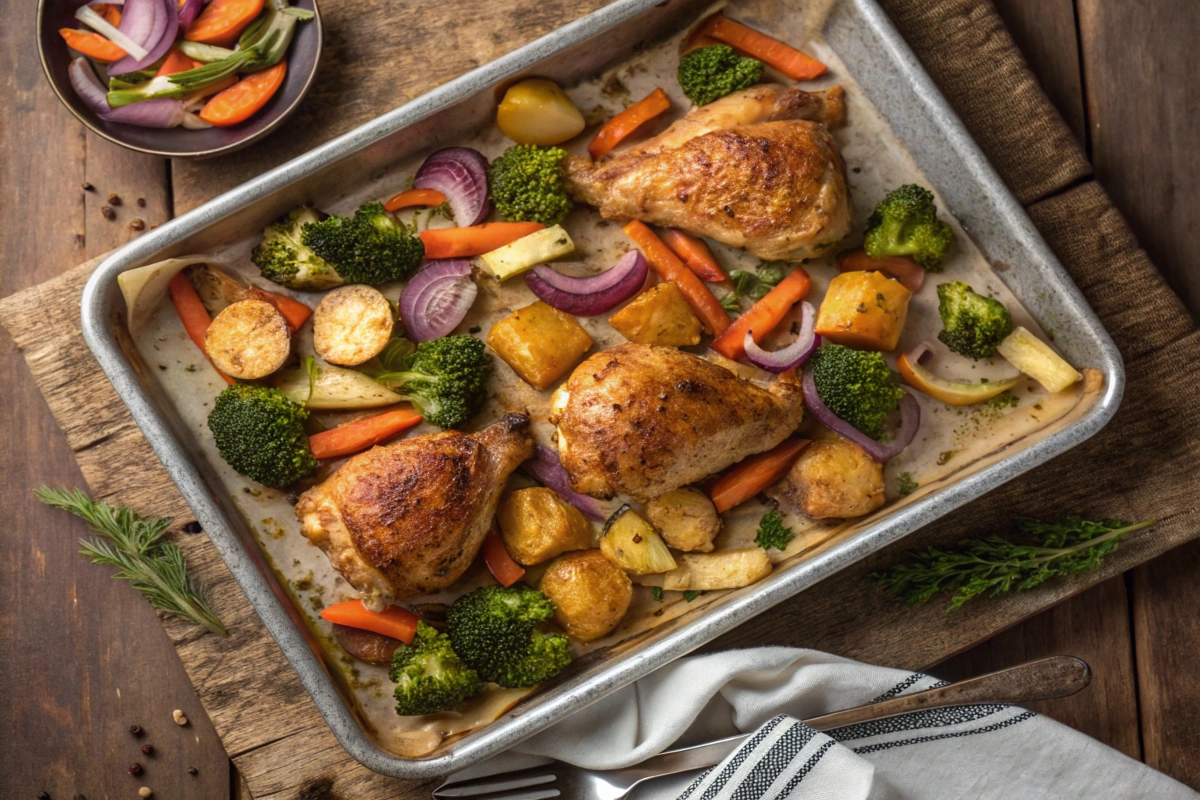 Naturally delicious one pan roasted chicken and vegetables on a sheet pan.