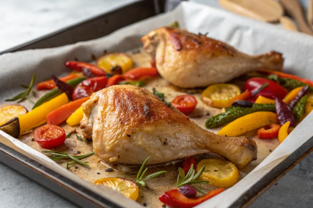 Close-up of naturally browned one pan roasted chicken and vegetables.