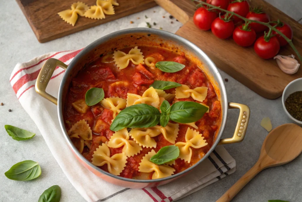 Naturally cooked pasta in red sauce, close up.