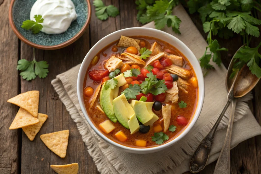 Naturally flavorful chicken tortilla soup ready to eat.