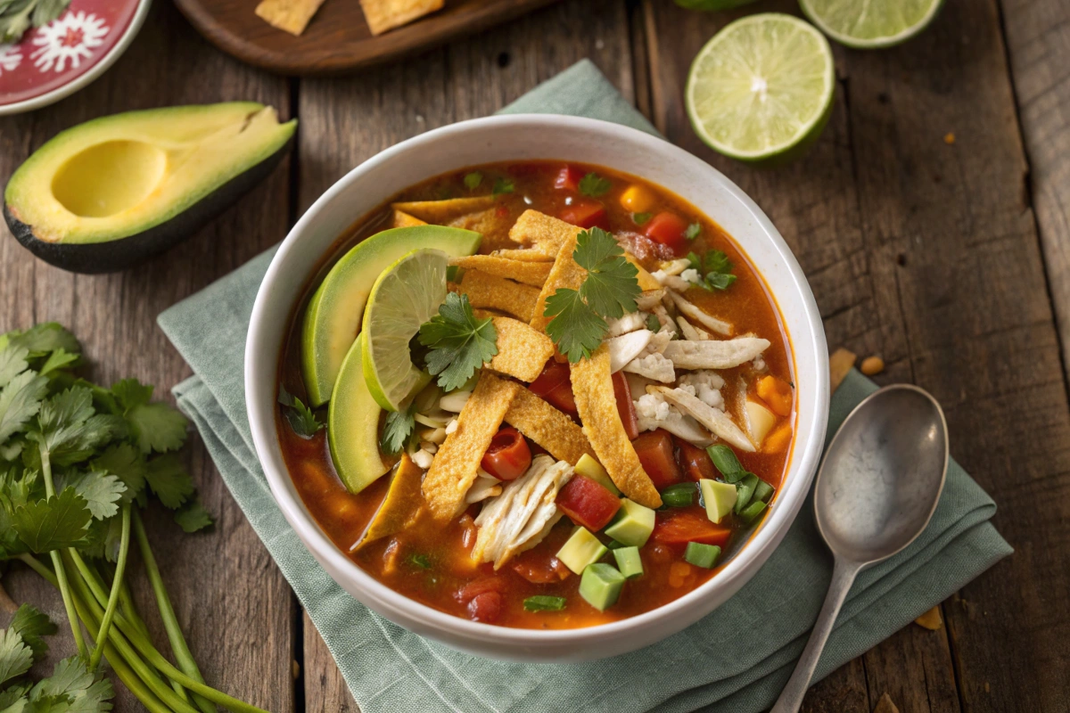 Naturally flavorful chicken tortilla soup ready to eat.