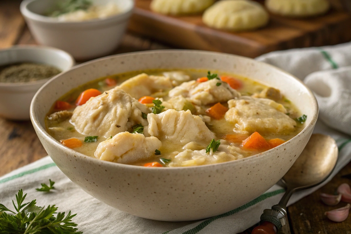 Naturally Delicious Chicken and Dumplings with carrots and peas.