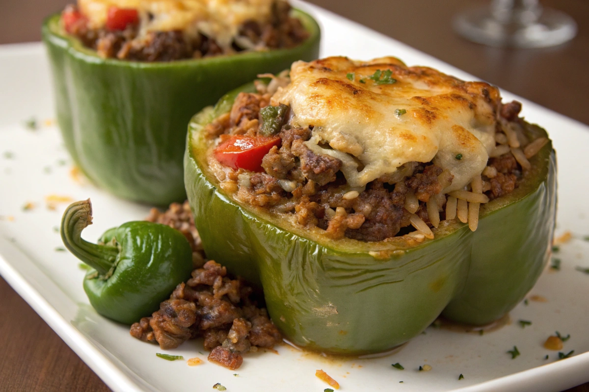 Ground Beef Stuffed Green Bell Peppers with Cheese topped with fresh herbs.