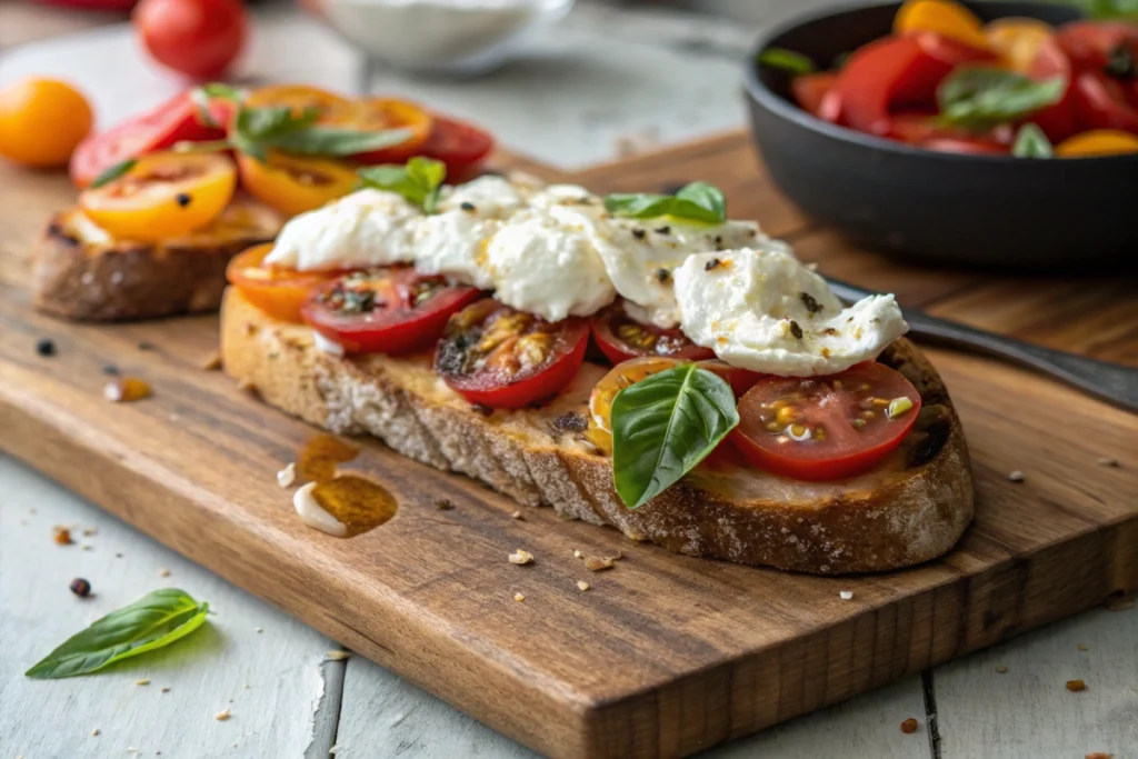 A close-up shot of the naturally fresh ingredients used in Sunset Burrata Toast, including ripe tomatoes, creamy burrata, and vibrant basil leaves. The high-quality ingredients enhance the flavor and visual appeal of this simple appetizer.