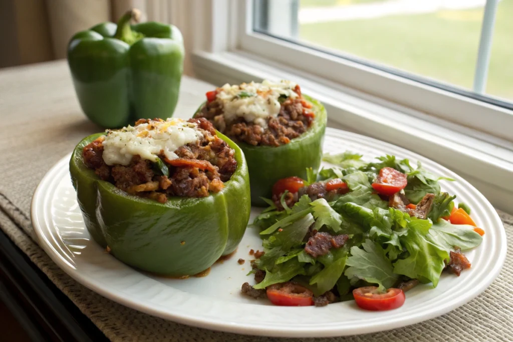  Baking dish of Ground Beef Stuffed Green Bell Peppers with Cheese.