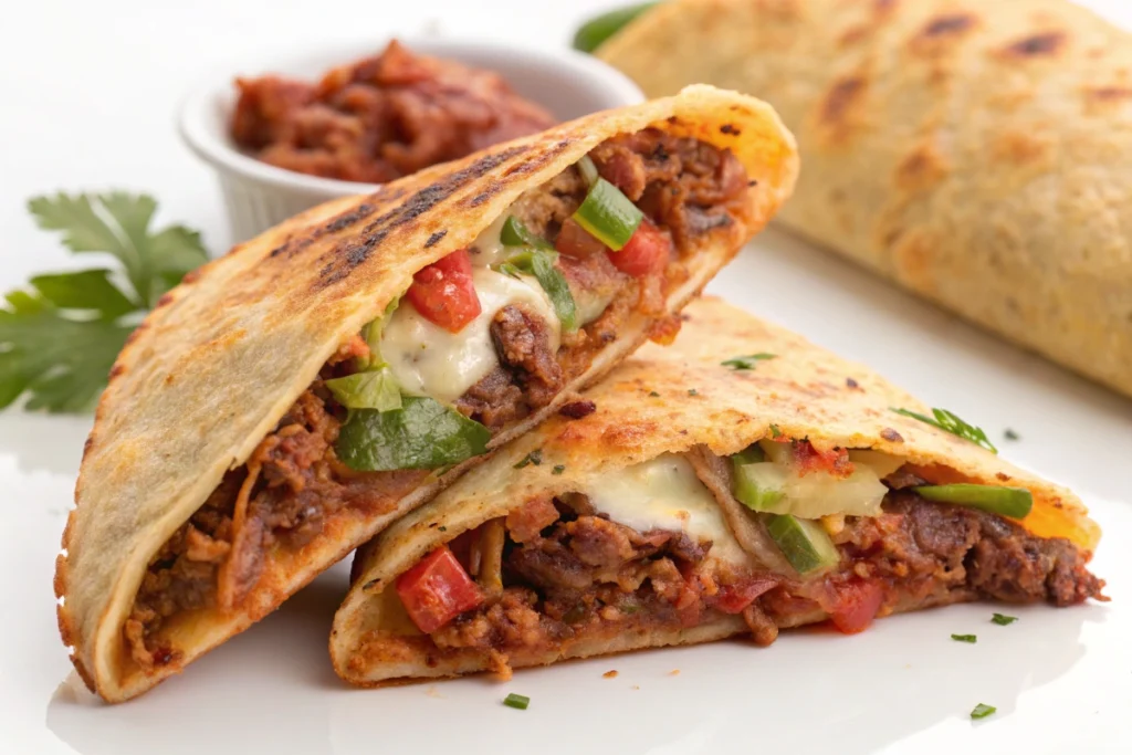 This close-up image showcases a Rich Birria Taco cut in half, revealing the tender, shredded beef and melted Oaxaca cheese. The bubbling surface of the tortilla, having just been pulled from the frying pan, sits next to its steamy broth. The image strives to evoke the comfort food aspect and easy accessibility of the recipe to consumers.