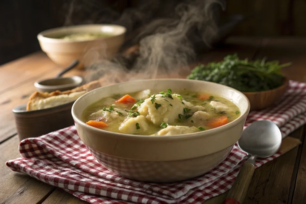 Naturally Delicious Chicken and Dumplings plated with fresh herbs.