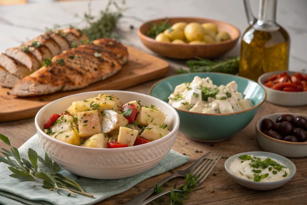 A full bowl of naturally prepared Greek potato salad is displayed, showcasing its versatile nature. The ingredients are well-combined and the salad looks both refreshing and satisfying. It’s a great image to show the ideal presentation of the dish.