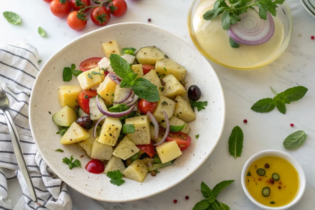 Naturally Greek Potato Salad with other Greek dishes