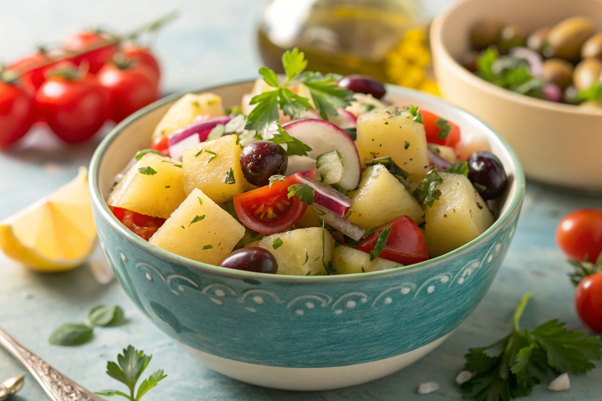 Naturally Greek Potato Salad featuring fresh ingredients