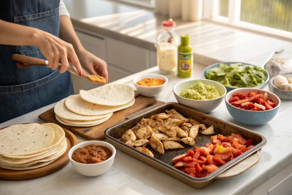 Sheet Pan Fajita on tortilla with toppings.