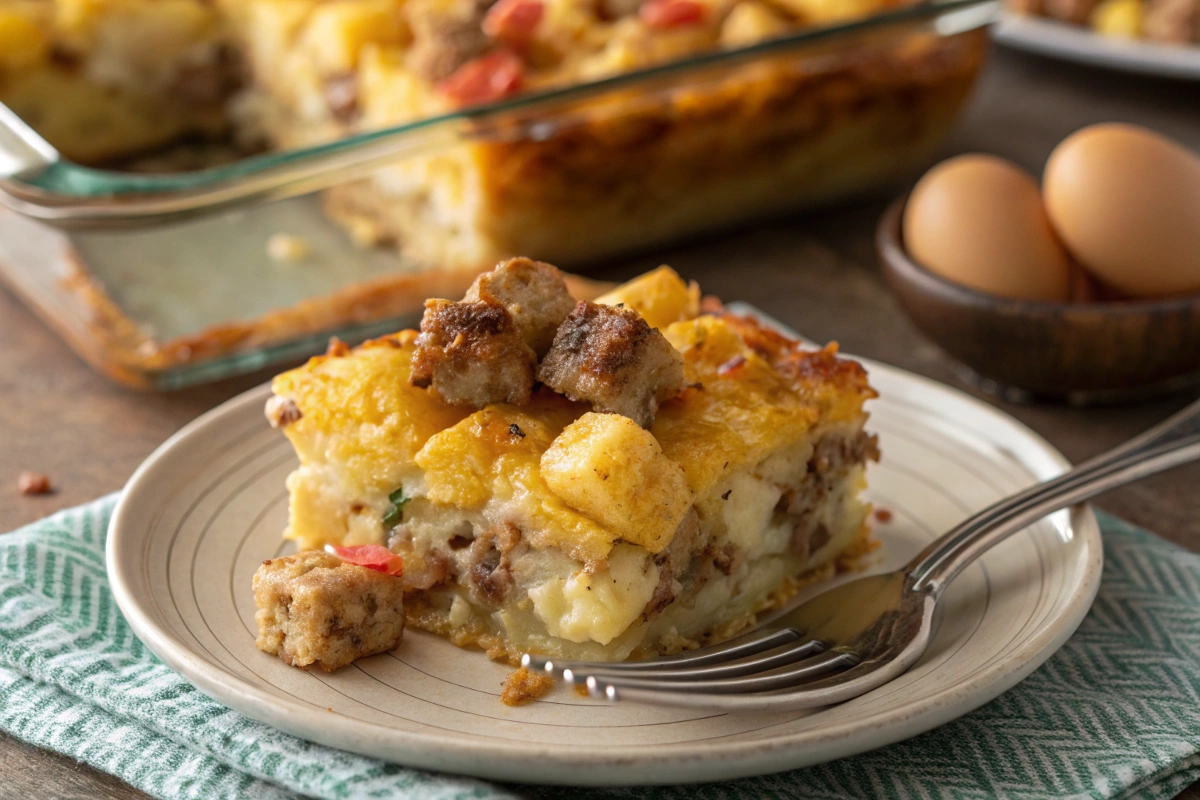 Sausage Tater Tot Breakfast Casserole ready to serve.