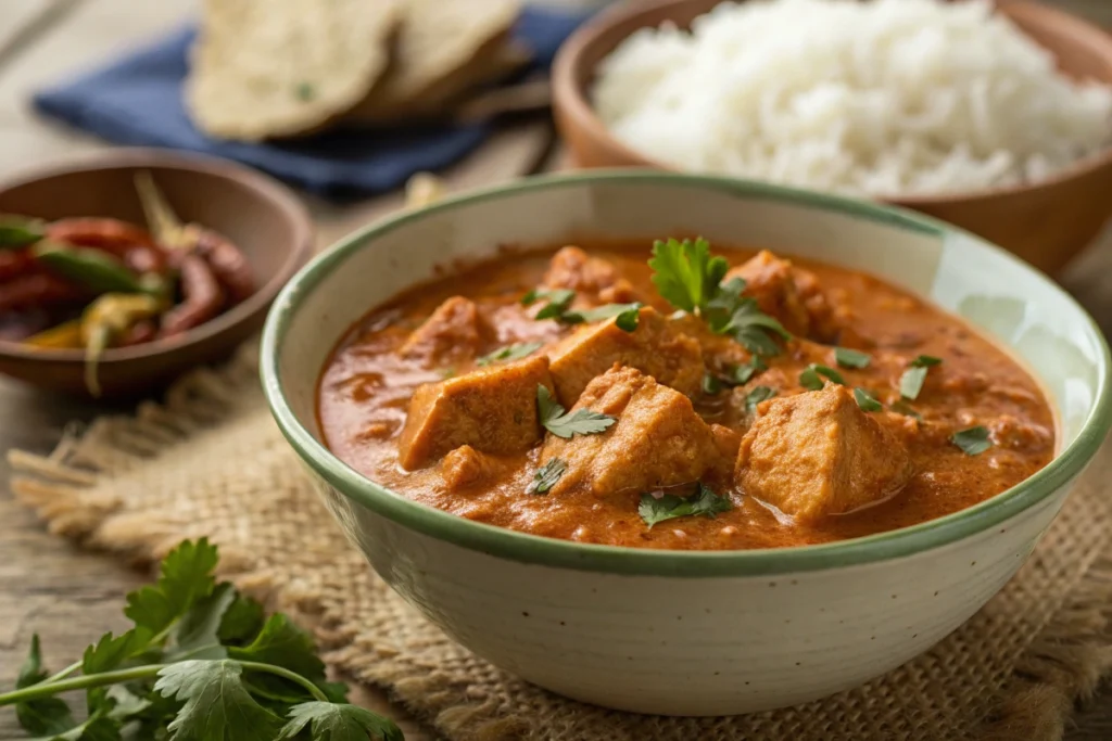 Chicken Tikka Tomato Masala served with basmati rice.