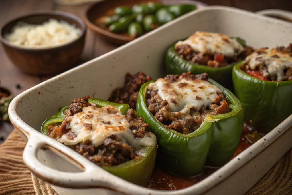 Ground Beef Stuffed Green Bell Peppers with Cheese on a plate.