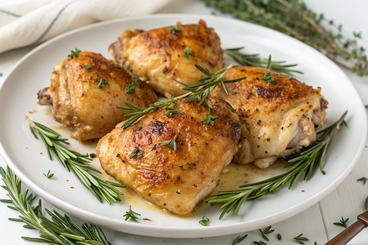 Naturally flavored roasted garlic and herb chicken thighs.