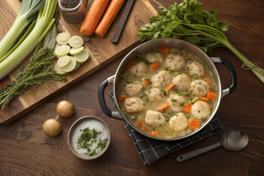 Serving Naturally Delicious Chicken and Dumplings from a pot.