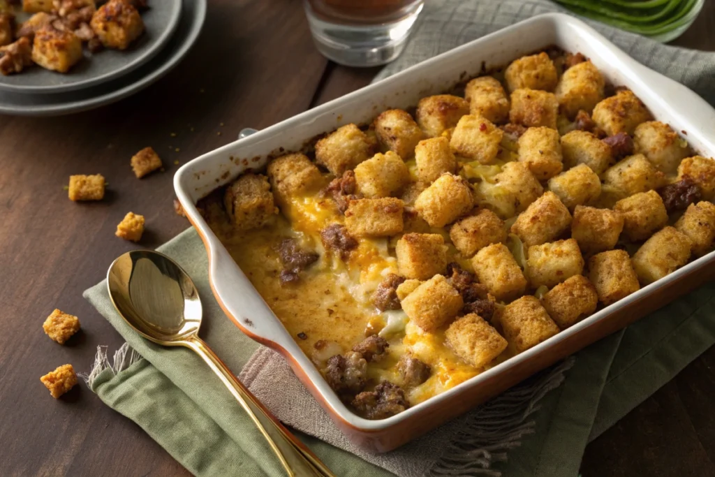 olden Sausage Tater Tot Breakfast Casserole ready for brunch.