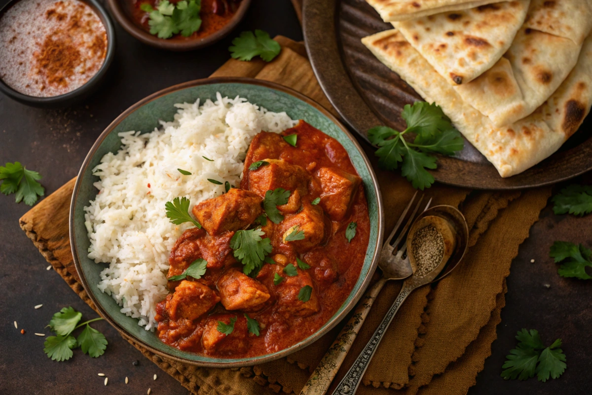 Bowl of Chicken Tikka Tomato Masala with fresh cilantro.