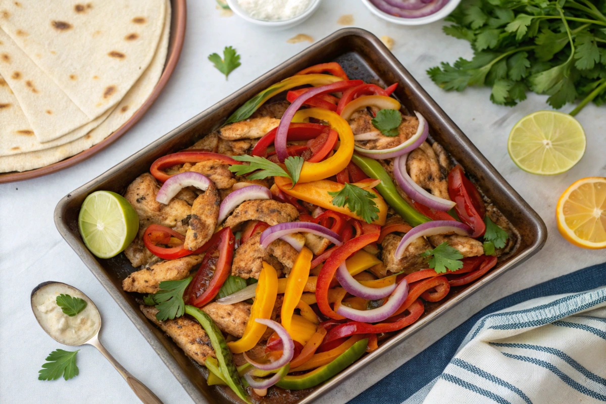 Sheet Pan Fajitas: Chicken and vegetables roasted to perfection.